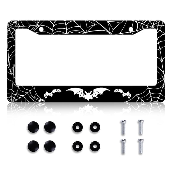 Bat License Plate Frame Spider Web Goth Gothic License Plate Cover Personalize Funny Aluminum Metal Car Accessory Rust-Proof Waterproof Car Decorative Tag Frames for Standard US 12x6 Inch