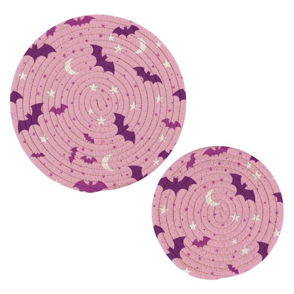 Bat Moon Pattern Cotton Trivets Potholders Set of 2 Handmade Heat Resistant Non Slip Absorbent