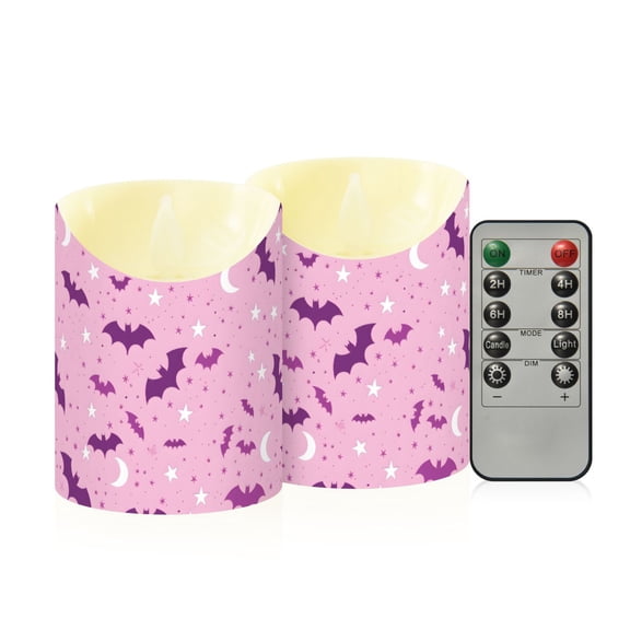 Bat Moon Pattern Flameless Candles 2 PCS with Remote Realistic Moving Flame LED Tapered Pillar Set for Home Decor