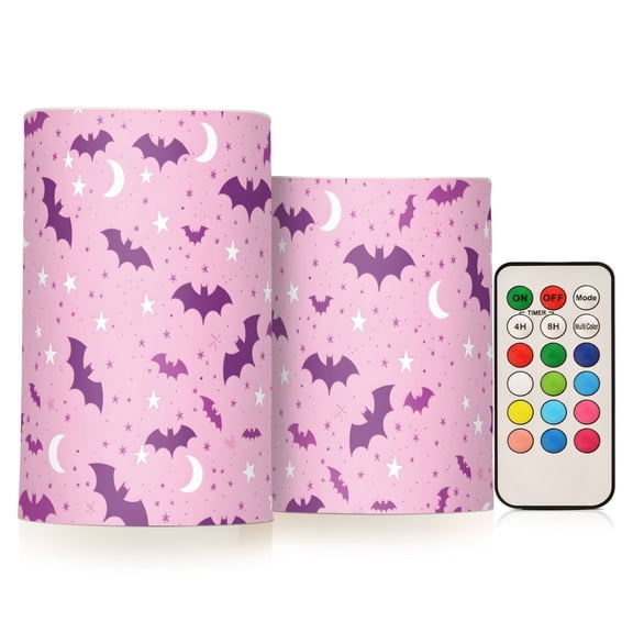 Bat Moon Pattern Flameless LED Candle Set with Remote, Battery Operated Color Changing Pillar Candles, Set of 2
