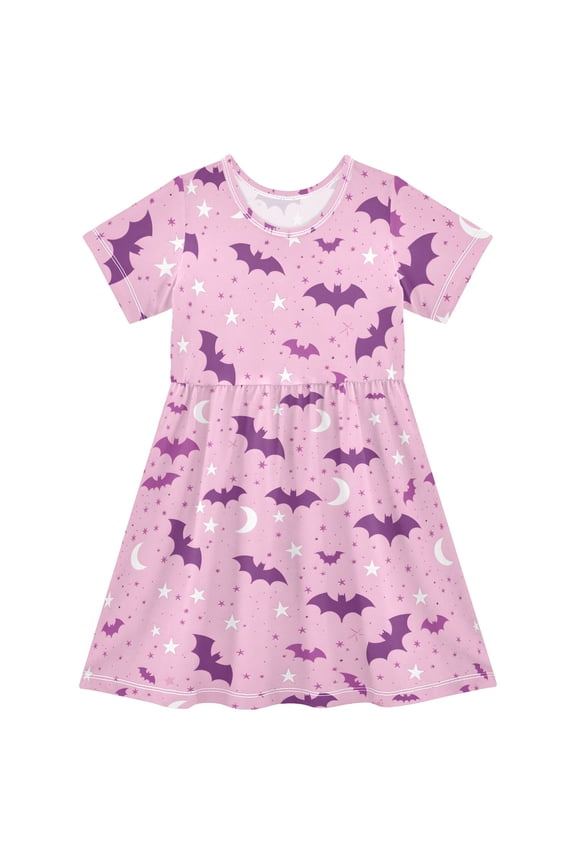 Bat Moon Pattern Girls Short Sleeve Dress A Line Sun Protection Breathable Comfort Sundress 2T
