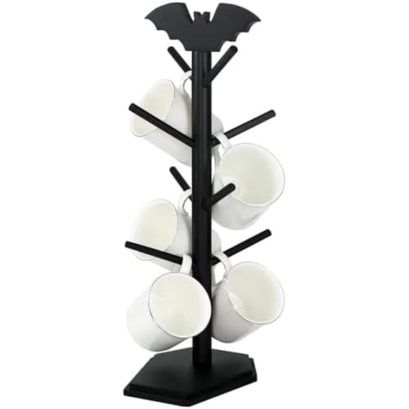 Bat Mug Holder Tree - 8 Hooks Rack for Gothic Home Decor - Wood Mug Tree for Countertop - Cup Holder for Halloween Kitchen Organizer & Coffee Bar Accessories$$Home Decor, Kitchen, & Other