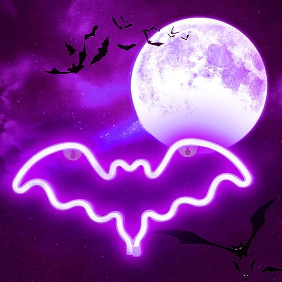 Bat Neon Sign for Wall Decor, Purple LED Bat Neon Light, USB Powered Halloween Neon Lamp, Hanging Art Decoration for Bedroom, Party, Bar, Halloween Themed Supplies