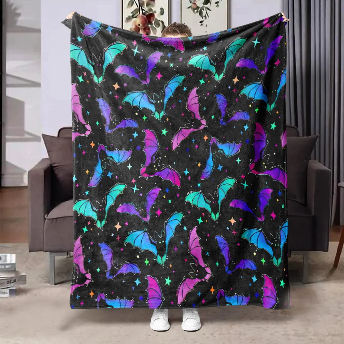 Travel Rug Bat Pattern Blanket, 1 Count Colorful Soft Warm Nap Throw Blanket, Air ...