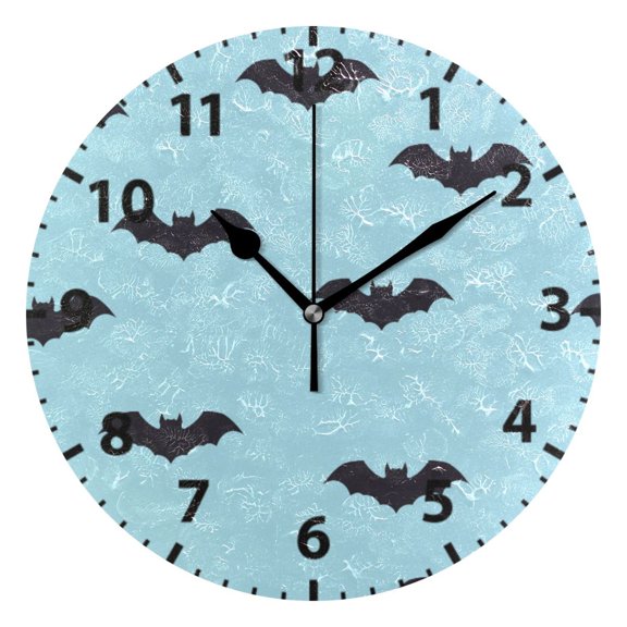 Bat Pattern Blue Wall Clock 10in Round Artistic Oil Painting Home Decor Desk Table Clock