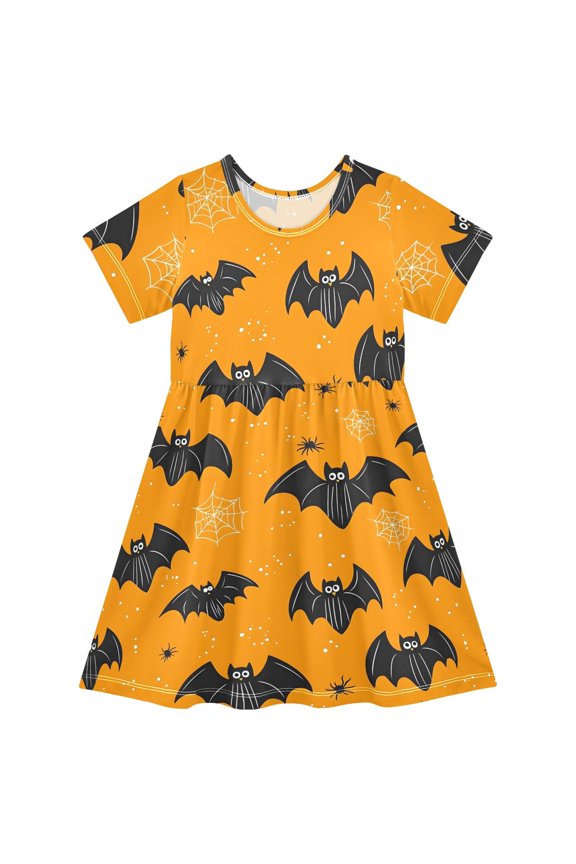 Bat Pattern Girls Short Sleeve Dress A Line Sun Protection Breathable Comfort Sundress 2T