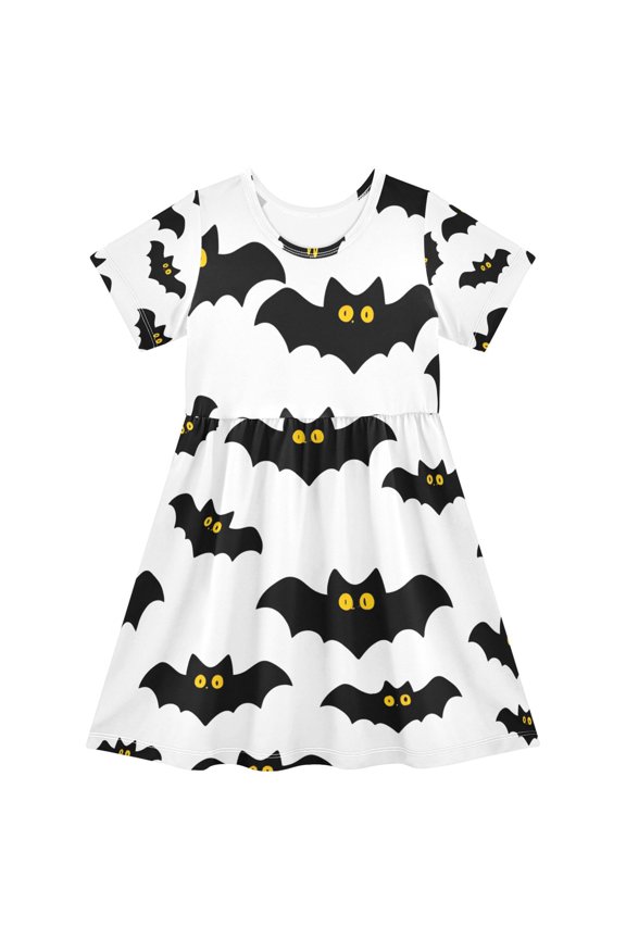 Bat Pattern Girls Short Sleeve Dress A Line Sun Protection Breathable Comfort Sundress 5-6T