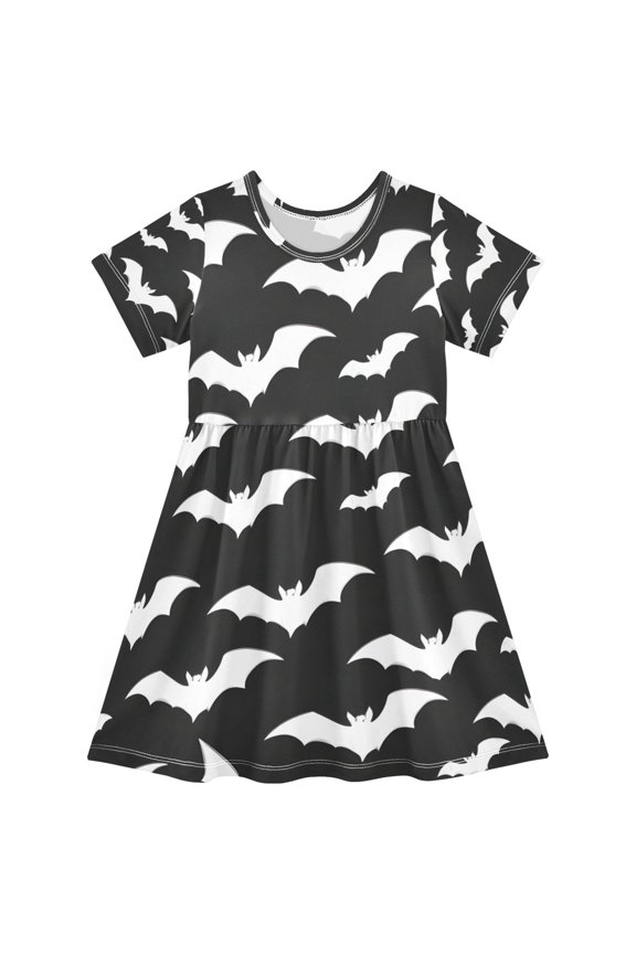 Bat Pattern Girls Short Sleeve Dress A Line Sun Protection Breathable Comfort Sundress 7-8T