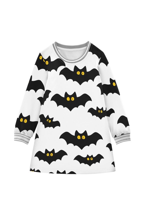 Bat Pattern Girls'long-sleeved dress Thickened A-dress Warm Dress Basic Shirt Party Dresses