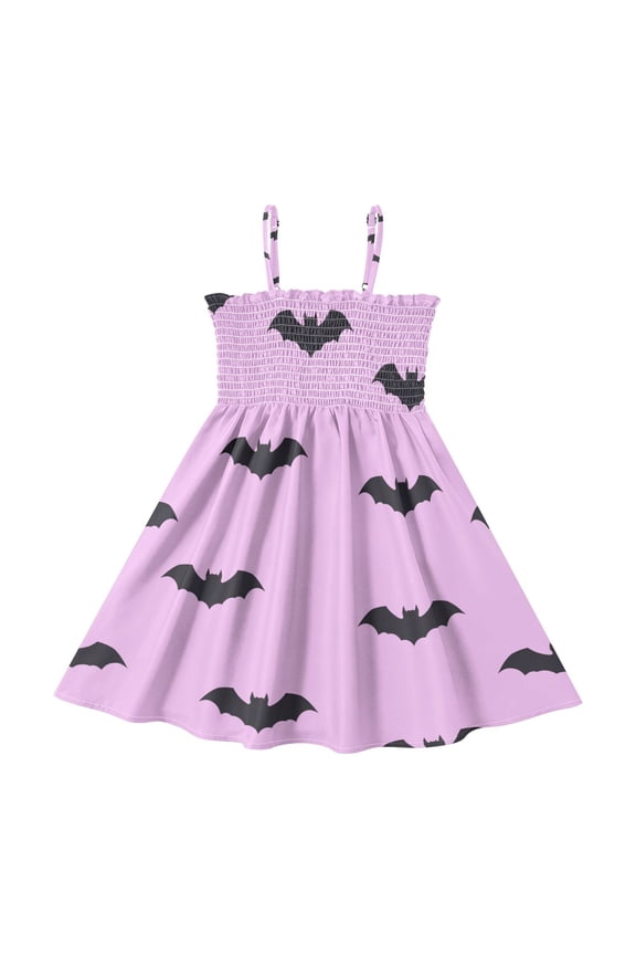 Bat Pattern Pink Girls' Casual Dresses 2Y-8Y Sleeveless Ruffle Neck for Summer Daily Wear