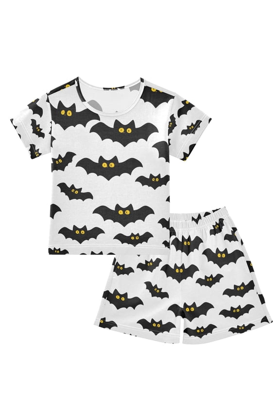 Bat Pattern Summer Pajama Set Soft Cotton Short Sleeve Sleepwear 2PCS Pajama Sets Breathable Lounge Set Size 14Y