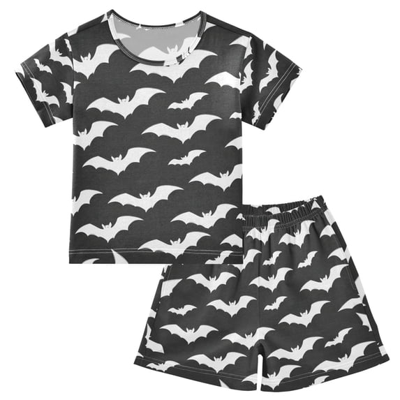 Bat Pattern Summer Pajama Set Soft Cotton Short Sleeve Sleepwear 2PCS Pajama Sets Breathable Lounge Set Size 5Y