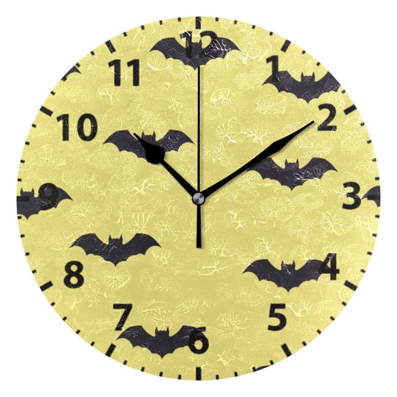 Bat Pattern Yellow Wall Clock 10in Round Artistic Oil Painting Home Decor Desk Table Clock