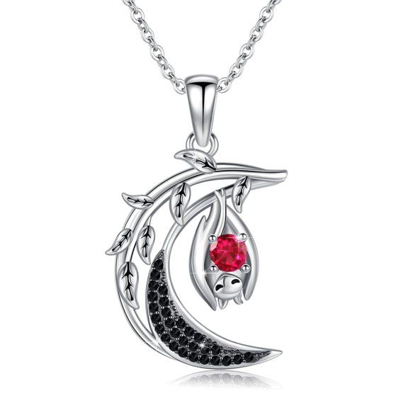 Bat Pendant Necklace Sterling Silver Red Cubic Zirconia Bat Crescent Moon Necklace for Women Halloween Jewelry Gifts