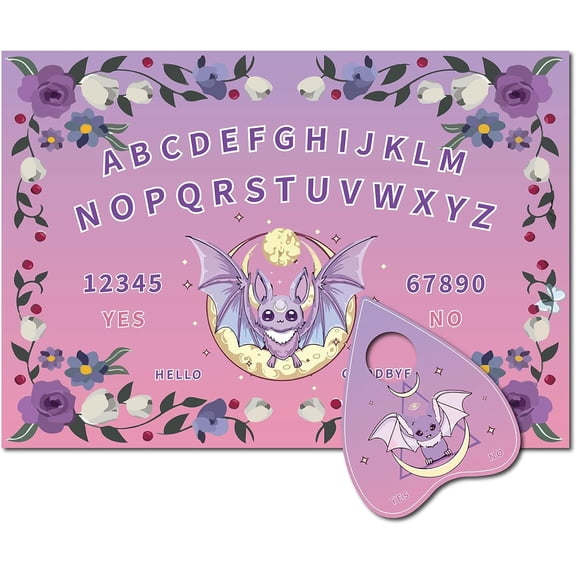 Bat Pendulum Board Wooden Spirit Board Purple Dowsing Divination Kit Purple Flower Wood Talking Board Metaphysical Message with Planchette for Witchcraft Altar Supplies 11.8X8.3 Inch DIY