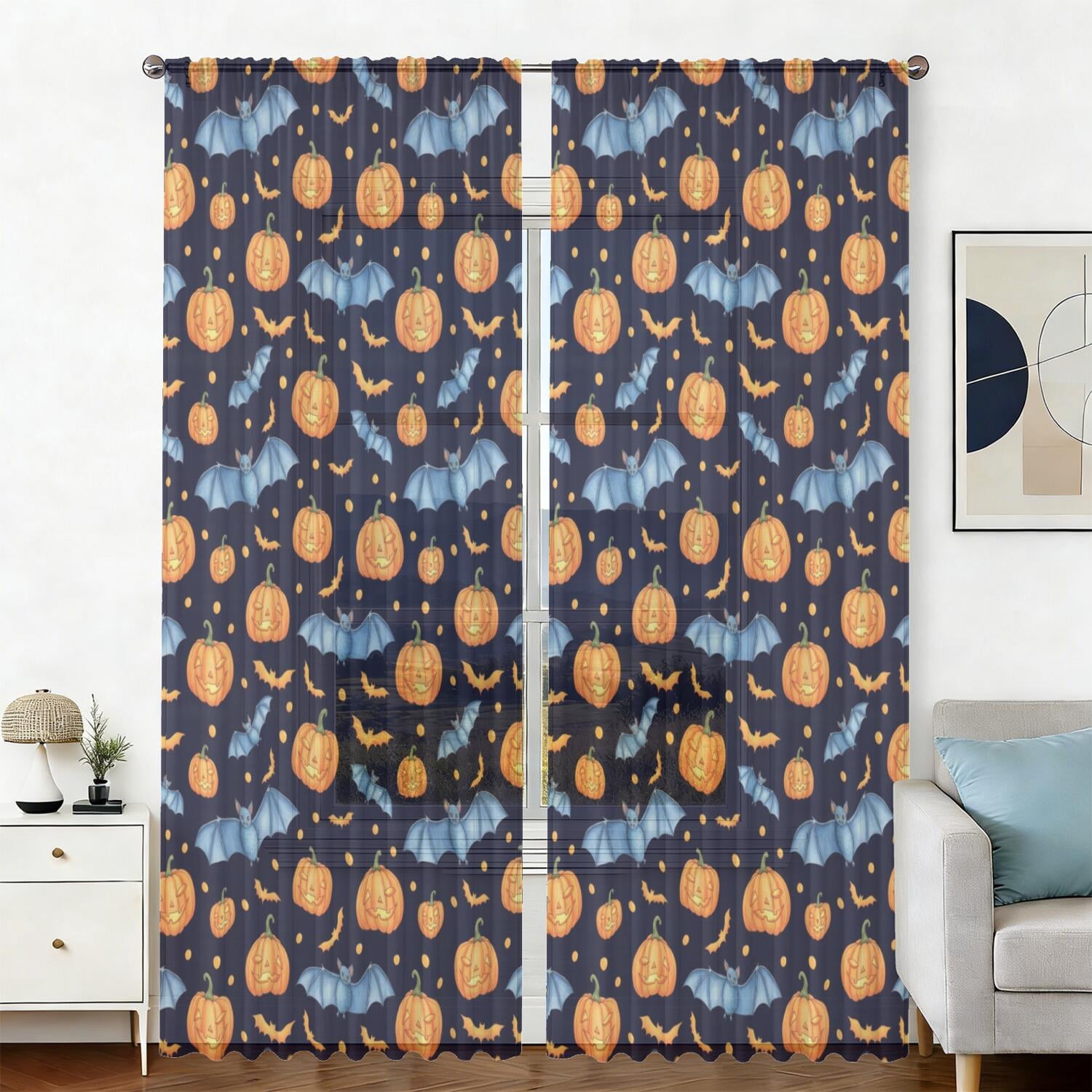 Bat Pumpkin Halloween Pattern Sheer Curtains, Rod Pocket Sheer Drapes ...