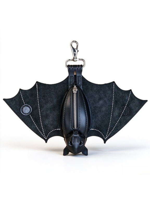 Bat Shaped PU Faux Leather Mini Coin Purse Pouch, Gothic Halloween Decor Accessory with Magnetic Snap OpenClose Wings, Lobster Clasp Hanging Charm for Backpack Belt Handbag, Novelty Small Zipper Sto