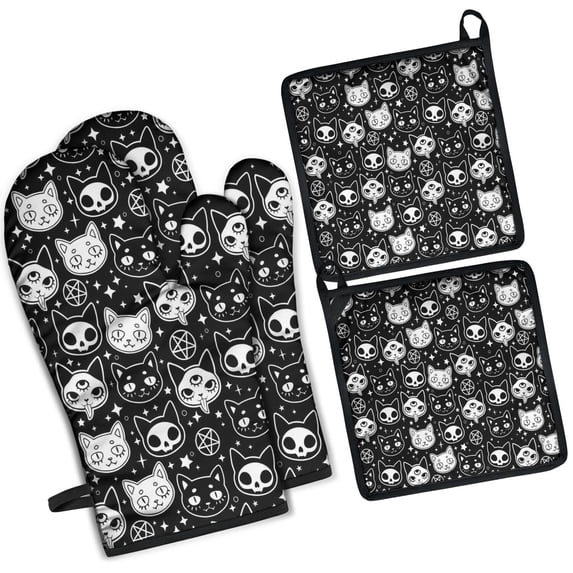 Bat Silhouette Halloween Pattern Kitchen Oven Mitt and Pot Holder Sets 4 Pcs for Baking, Cooking and Grilling, Heat Resistant Up To 392 °F