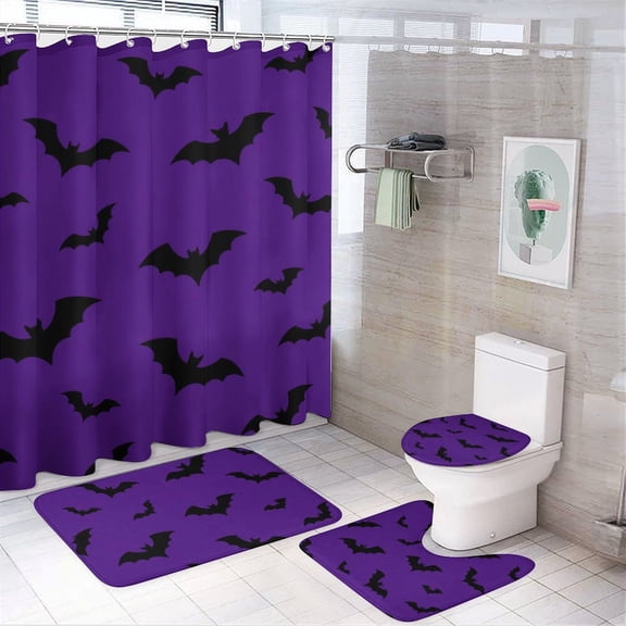 Bat Silhouette Purple Bathroom Shower Curtain Sets,4 Pcs Waterproof Fabric Shower Curtain 72"x72" with Non-Slip Flannel Bath Mat, U-Shaped Rug and Toilet Lid Cover for Bathroom Decor