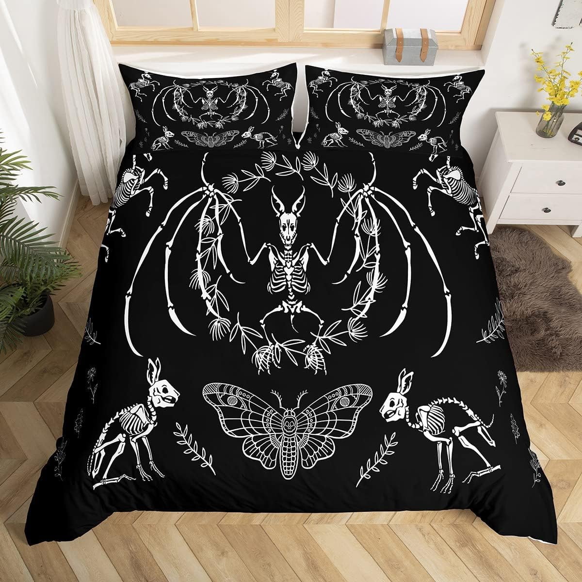 Bat Skeleton Skull Duvet Cover Queen Size for Kids Teens Adults Home Room Decor,  Boho Moth Gothic Skull Bedding Set 3pcs, Halloween Themed Comforter Cover  Horror Room Quilt Cover, 2 Pillowcases