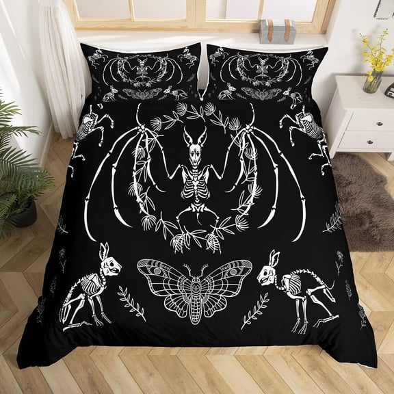 Bat Skeleton Skull Duvet Cover Queen Size for Kids Teens Adults Home Room Decor, Boho Moth Gothic Skull Bedding Set 3pcs, Halloween Themed Comforter Cover Horror Room Quilt Cover, 2 Pillowcases