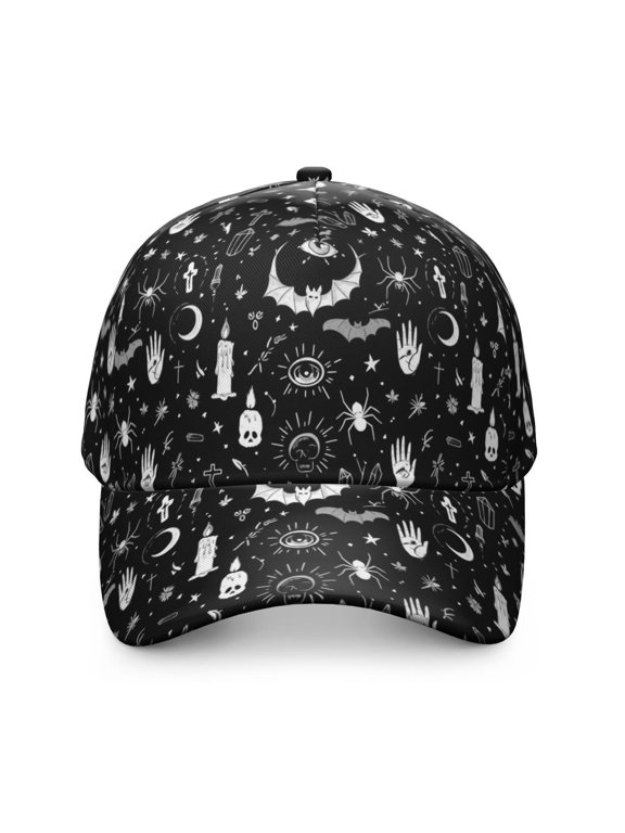 Bat and Skull Gothic Pattern Baseball Cap, Structured Flat Bill Hat with Snap Closure & Sweatband, Lightweight Shape Retaining Gifts for Unisex Men Women