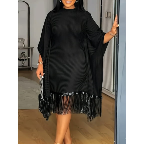 Sequin Fringe Batwing Women's Elegant Loose Dress  Sleeve  Cocktail Party Pleated Plus Size Dress