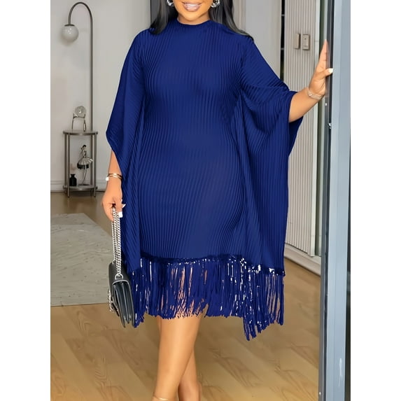 Sequin Fringe Batwing Women's Elegant Loose Dress Sleeve Cocktail Party Pleated Plus Size Dress