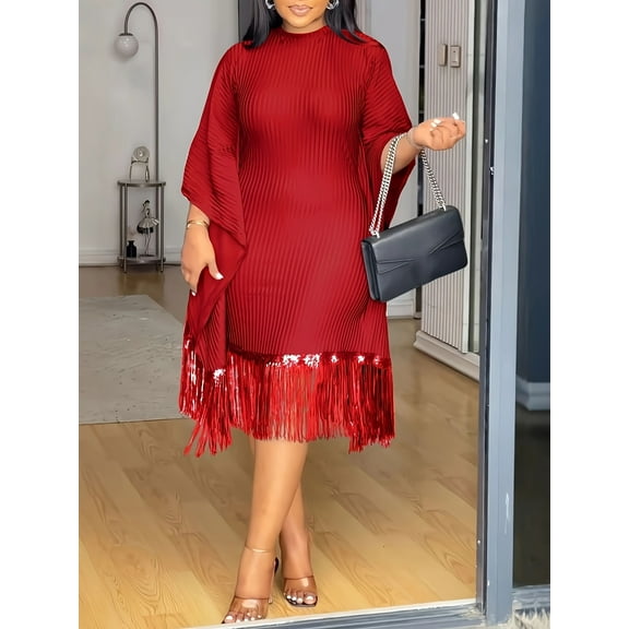 Sequin Fringe Batwing Women's Elegant Loose Dress  Sleeve  Cocktail Party Pleated Plus Size Dress