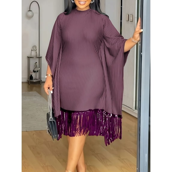 Sequin Fringe Batwing Women's Elegant Loose Dress Sleeve Cocktail Party Pleated Plus Size Dress