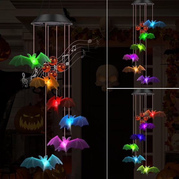 Color Changing Bat Solar Wind Chimes, Waterproof Outdoor LED Lights with Pumpkin Bells, Decorative Ornaments for Garden, Patio, Yard, Porch and Party Displays