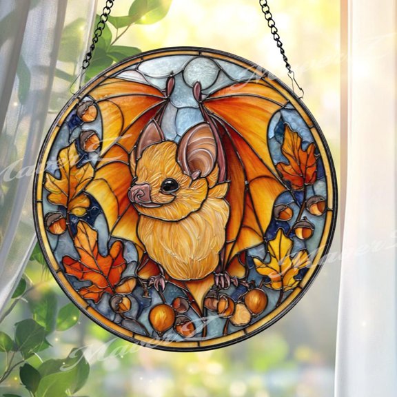 Bat Stained Glass Suncatcher, Round Autumn Window Panel with Orange Wings, Acorns and Fall Leaves, Halloween Wildlife Glass Decor