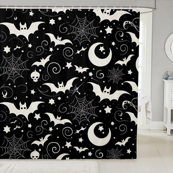 Bat Sugar Skull Moon Spider Web Stars Waterproof Shower Curtain, Gothic Geometric Design, White