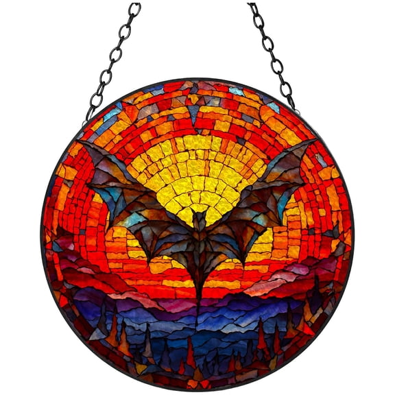 Bat and Sunset Stained Glass Suncatcher Window Hangings Colored Handmade Glass Suncatcher Crafts Kits for Indoor Garden Christmas Decoration 16x16cm(13)