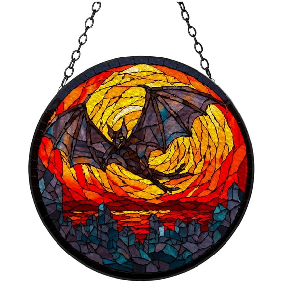 Bat and Sunset Stained Glass Suncatcher Window Hangings Colored Handmade Glass Suncatcher Crafts Kits for Indoor Garden Christmas Decoration 16x16cm(3)