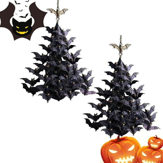 Bat Swarm Tree Ornament, Flying Bat Halloween Decoration for Yard Porch Ceiling, 2D Flat Acrylic Gothic Halloween Hanging Decor, Festival Party Horror Bats Shape Home Decor (2pc)