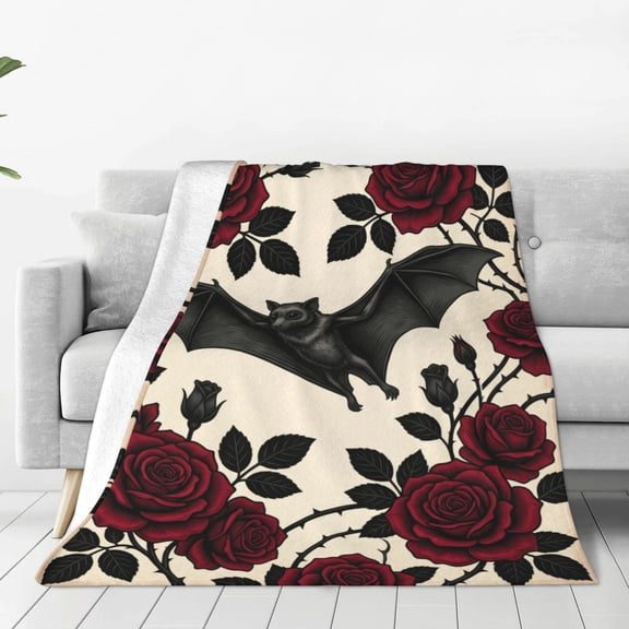 Bat Throw Blanket, Flannel Plush Gothic Floral Roses Pattern Throw for Couch Sofa Bed, Halloween Goth Home Decor Gifts 50x40