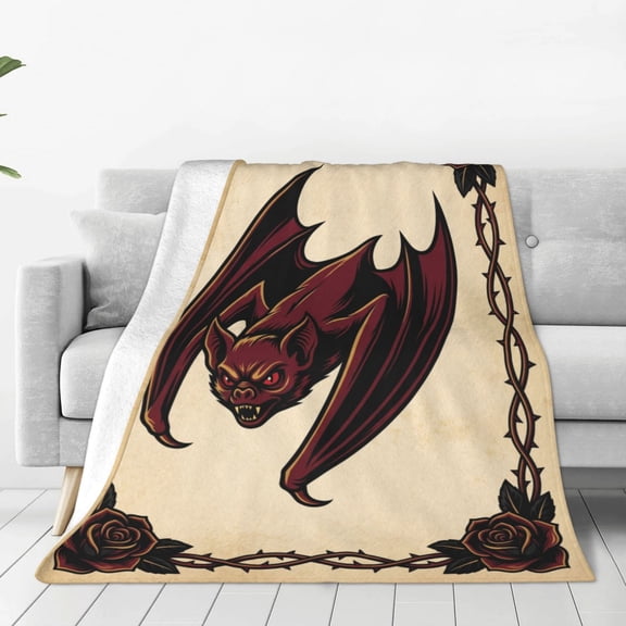 Bat Throw Blanket, Flannel Plush Gothic Floral Roses Pattern Throw for Couch Sofa Bed, Halloween Goth Home Decor Gifts 50x40
