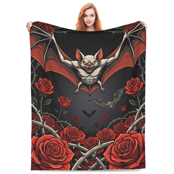 Bat Throw Blanket, Flannel Plush Gothic Floral Roses Pattern Throw for Couch Sofa Bed, Halloween Goth Home Decor Gifts 50x40