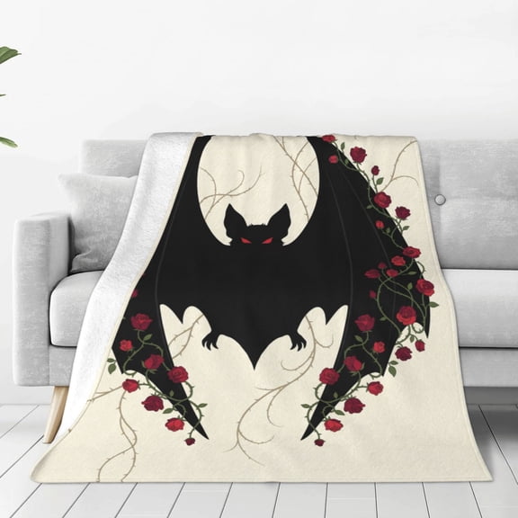 Bat Throw Blanket, Gothic Floral Roses Flannel Plush for Sofa Bed Decor, Halloween Gifts, Bat Goth Themed Room Cover 50x40