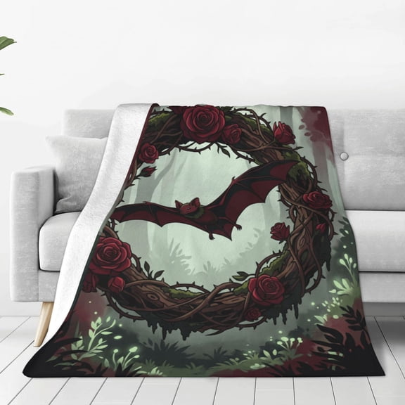 Bat Throw Blanket, Gothic Floral Roses Flannel Plush for Sofa Bed Decor, Halloween Gifts, Bat Goth Themed Room Cover 50x40