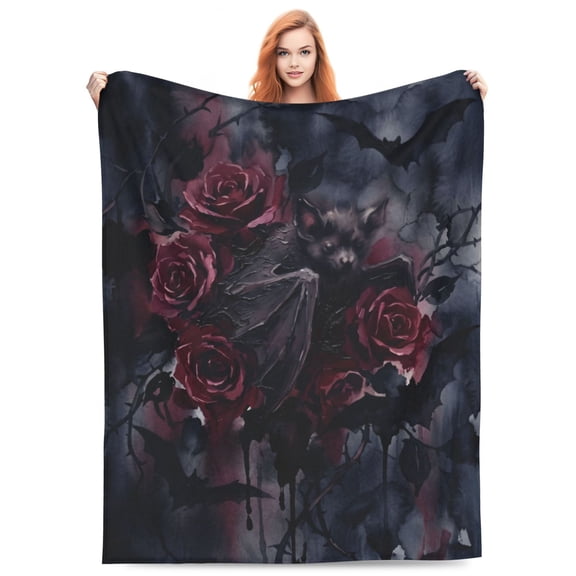 Bat Throw Blanket Gothic Rose Pattern Flannel Plush Couch Bed Halloween Goth Bedding Decor Gifts Bat Lovers 50x40