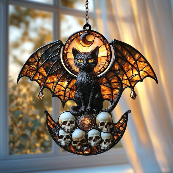 Bat Wing Black Cat Acrylic Suncatcher, Crescent Moon And Skulls Faux Stained Glass Suncatcher Window Hanging, Gothic Halloween Decor Gift