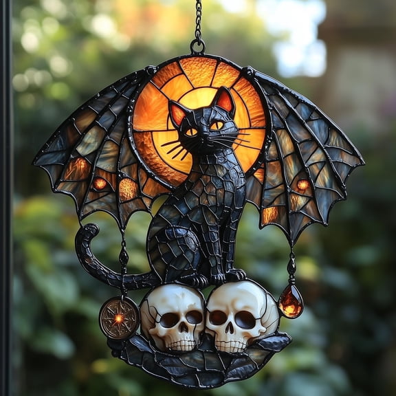 Bat Winged Black Cat Acrylic Suncatcher Gothic Faux Stained Glass Crescent Moon With Skulls, Amber Sun Window Hanging Decor
