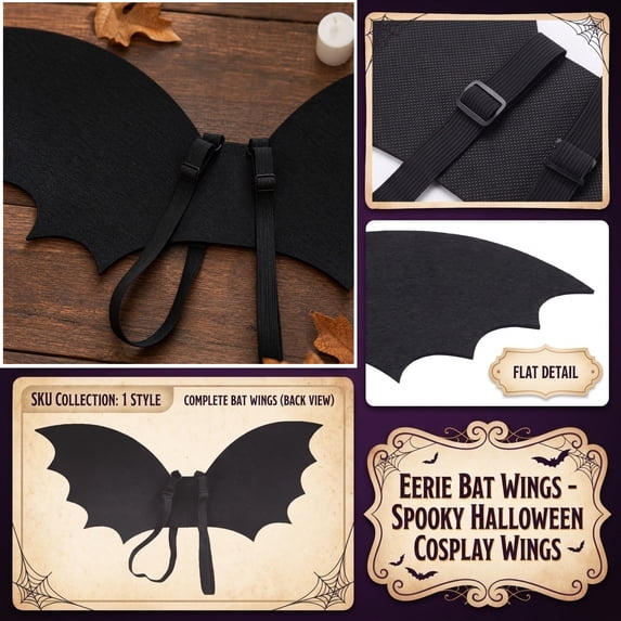 Bat Wings Black Non-Woven Fabric 1 Pack Adjustable Halloween Costume Accessory for Halloween Themed Party Cosplay Trick or Treat Dress Up Fancy Holiday Birthday Gift