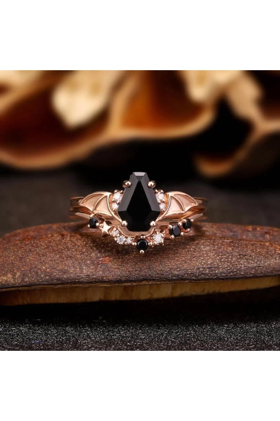 Bat Wings Black Onyx Gothic Engagement Ring Set – Star & Moon Wedding Rings in 14K Rose Gold Vermeil | Diamond Band Halloween Gift for Her
