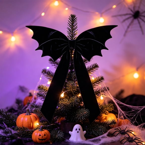 Bat Wings Halloween Tree Topper, Giant Velvet Bat Bow 47 Inch, Gothic Black Wreath Bow, Spooky Front Door Decor, Dark Home Accent