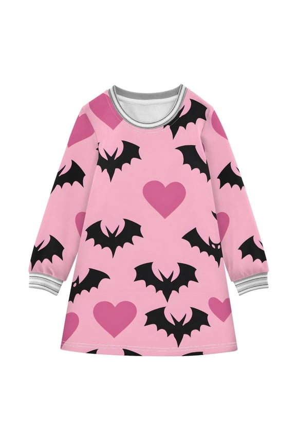 Bat and Love Pattern Girls'long-sleeved dress Thickened A-dress Warm Dress Basic Shirt Party Dresses