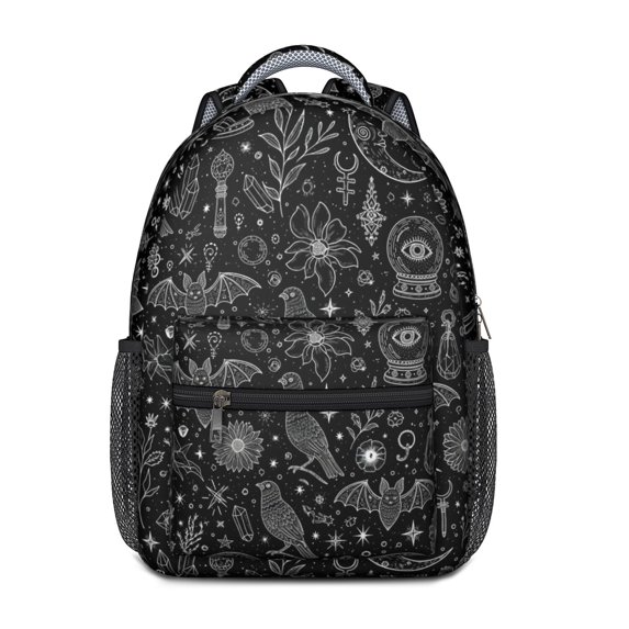 Bat and Moon Gothic Pattern Backpack for School, Cute School Bag with Adjustable Shoulder Straps and Padded Back, 15.3"x11"x6.7"
