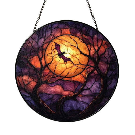 Bat and Moon Stained Glass Suncatcher Window Decor, Gothic Round Glass Art Hanging Panel for Halloween Decoration, Spooky Window Ornament Gift Idea